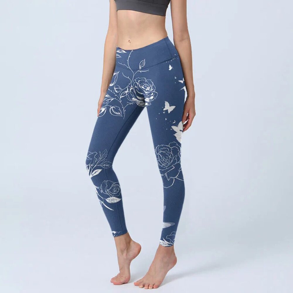 floral blue Buddha stones leggings, size L